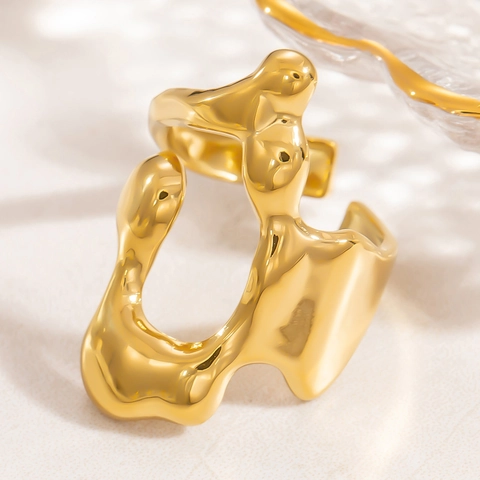 Edelstahlringe Für Frauen 18K Vergoldet Verstellbarer Offener Fingerring Irreguläre Lava-Textur Künstliche Perle Schmuck Geschenk