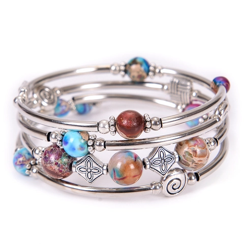 Bracelet Enveloppant Multicouche Bohème Perles En Pierre Naturelle Métal Argenté Bracelet Jonc Ethnique Pour Femme