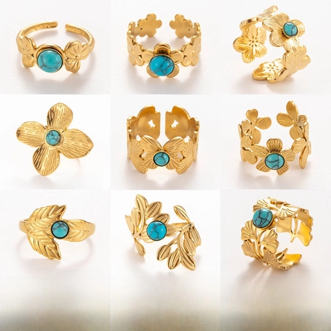 French Style Stainless Steel Floral Leaf Adjustable Open Ring with Inlaid Natural Stone Bohemian Retro Jewelry For Women