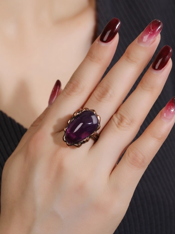 Vintage Purple Glass Raw Stone Open Adjustable Ring Antique Copper Punk Bohemian Style Finger Jewelry For Women Men