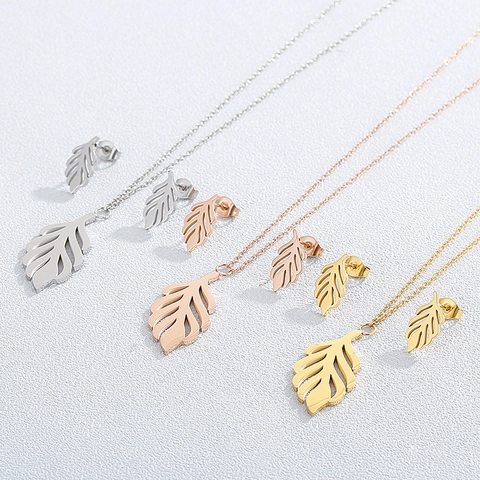 Stainless Steel Hollow Leaf Necklace And Stud Earrings For Women Elegant Fashion Simple Boho Style Jewelry