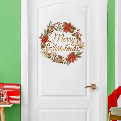 Merry Christmas Wreath Wall Stickers PVC Waterproof Decorative Door Decals For Fridge Living Room Home Party