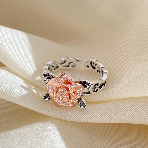 Vintage Rose Blume Hohl Offener Ring Zweifarbig Kupfer Verstellbar Retro Stil Mode Schmuck Geschenk Für Frauen