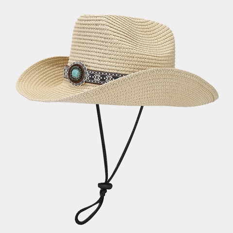 Sombrero De Vaquero Occidental Paja Tejida Ala Ancha Protección Solar Étnica Decoración Turquesa Cuerda Viento Ajustable