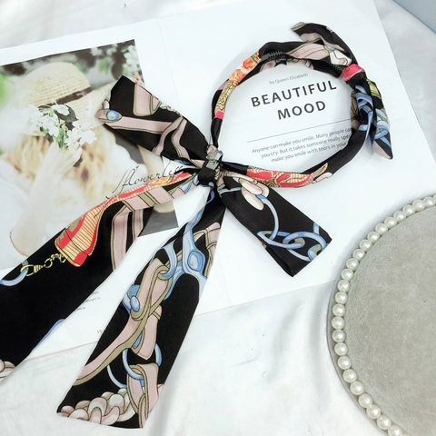 Women Floral Print Satin Lace Bow Headband With Long Ribbon Streamer Korean Style Sweet Hair Hoop Retro Elegant Headwear