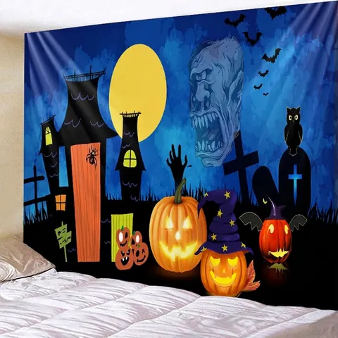 Halloween Tapestry Polyester Wall Hanging Decor For Bedroom Living Room Castle Pumpkin Moon Pattern Nordic Style