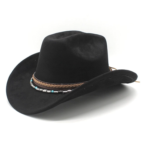 Chapeau De Cow-Boy Western Suédine Large Bord Style Ethnique Bohème Avec Perles Turquoise Rétro Jazz Unisexe