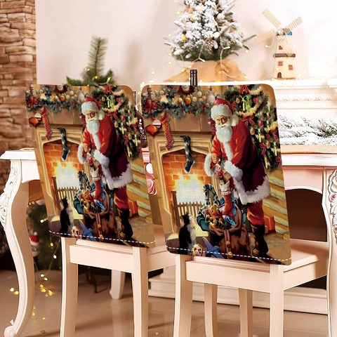 Christmas Chair Back Covers Linen Fabric Santa Claus Gingerbread House Print Dining Room Kitchen Party Festive Decor