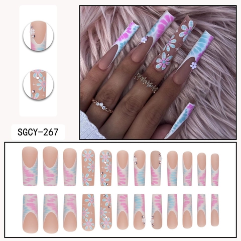Uñas Postizas Largas Coffin Press On Flores 3D Tie Dye Estilo Francés Rosa Azul Uñas Artificiales Con Diamantes