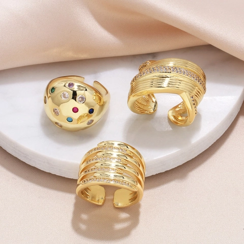 Minimalist Irregular Double Layer Gold Plated Copper Ring With Zirconia For Women Trendy Open Adjustable Finger Jewelry