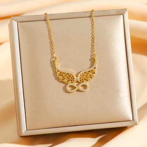 Engel Flügel Unendlichkeit Anhänger Halskette Titanstahl Zirkonia Luxus Schmuck Für Damen