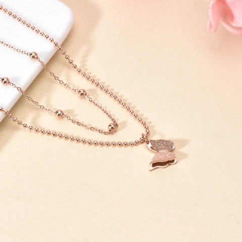 Mehrlagige Schmetterling Anhänger Halskette Edelstahl Mattiert Roségold Modeschmuck Für Damen