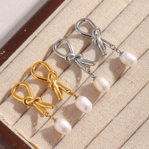 Pendientes De Acero Inoxidable Con Nudo Y Perla Artificial Bañados En Oro De 18K Estilo Retro Francés Elegante Para Mujer