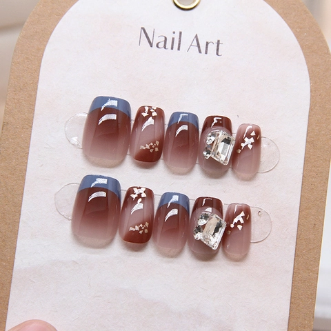 Französische Luxus Gradient Press On Nägel Handgemachte Quadratische Falsche Nägel Mit Strass Und Goldfolie Elegante Maniküre