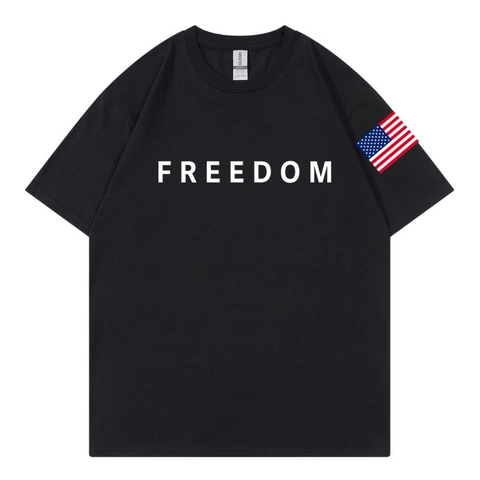 Men Freedom Letter Print Cotton Short Sleeve T-Shirt With Flag Patch Crew Neck Casual Loose Summer Fashion Top
