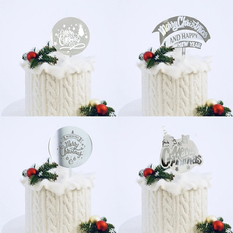 Merry Christmas Cake Topper Acrylic Mirror Gold Silver Tree Bell Reusable Party Decoration Holiday Dessert