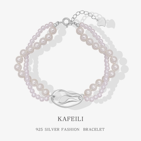 Layered Shell Artificial Pearl Bracelet 925 Sterling Silver Coffee Bean Link Heart Charm Adjustable For Women Elegant