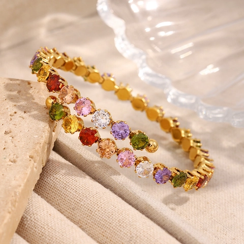 Colorful Zircon Bangle Bracelet Stainless Steel 18K Gold Plated Double Layer Spiral Rainbow Stone Elegant Jewelry For Women