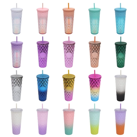 Studded Tumbler With Straw Insulated Plastic Reusable Water Cup Diamond Texture Gradient Color For Cold Drink
