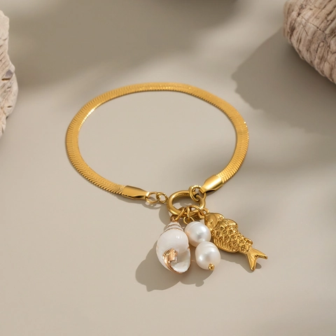 Bracciale Charm Oceano Placcato Oro 18K Acciaio Inossidabile Catena Serpente Con Perla Artificial Conchiglia Pesce Gioielli Vacanza Donna