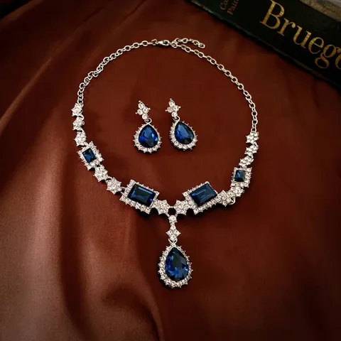 Gioielli Lusso Goccia Acqua Blu Quadrato Strass Collana Orecchini Con Perno In Argento Stile Palazzo Vintage Da Donna