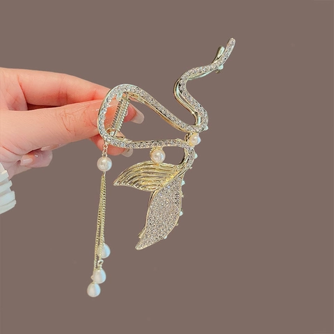 Haarklammer Meerjungfrau Schwanz Große Metall Haarkrebs Mit Strass Künstliche Perlen Quasten Elegante Haar Accessoires Damen