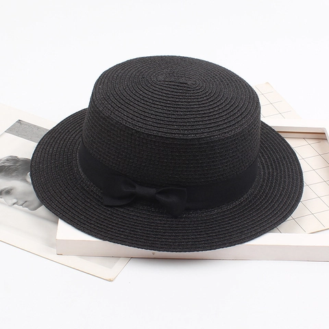 Women Kids Summer Straw Hat Flat Top Boater Hat Beach Sun Protection Hat With Black Ribbon Bowknot Fashion Casual Sun Hat