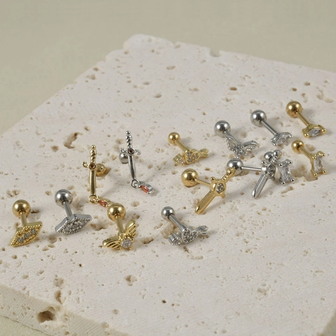 Helix Cartilage Stud Earrings Stainless Steel Cubic Zirconia Piercing Jewelry Wing Heart Sword Threaded Screw Ball Back