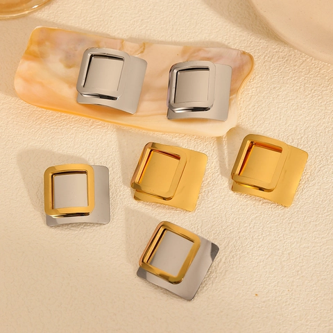 Pendientes De Botón Rectangulares Geométricos Acero Inoxidable Chapado En Oro 18K Pulido Liso Joyería Minimalista Para Mujer