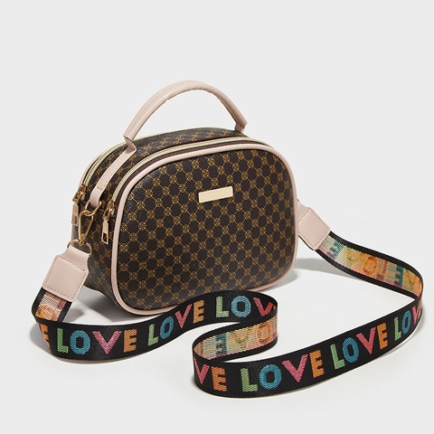 Women Vintage Geometric Printed PU Leather Crossbody Bag Wide Woven LOVE Strap Handbag Top Handle Double Zipper