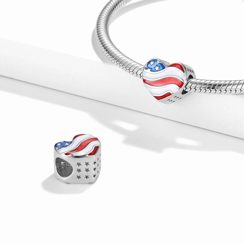 925 Sterlingsilber Amerikanische Flagge Herz Charm Emaille Stars And Stripes Perle Für Armband DIY Schmuckherstellung Damen