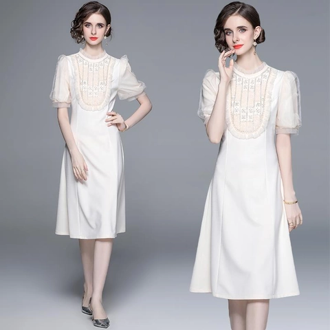 Robe Midi Élégante De Style Français Avec Broderie Perlée Et Manches Bouffantes En Dentelle Détail En Résille