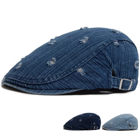Casquette Plate En Denim Délavé Vintage Réglable En Coton Déchiré Ivy Cabbie Chapeau Casual Streetwear Pour Hommes Femmes