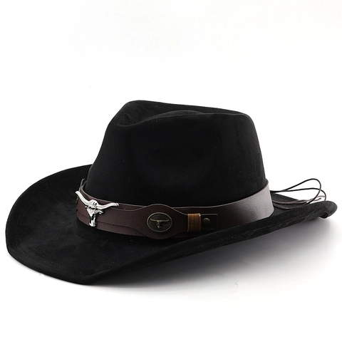 Western Cowboy Hat Faux Suede Wide Curved Brim Bull Head Metal Decoration Belt Retro Outdoor Fedora For Men Women
