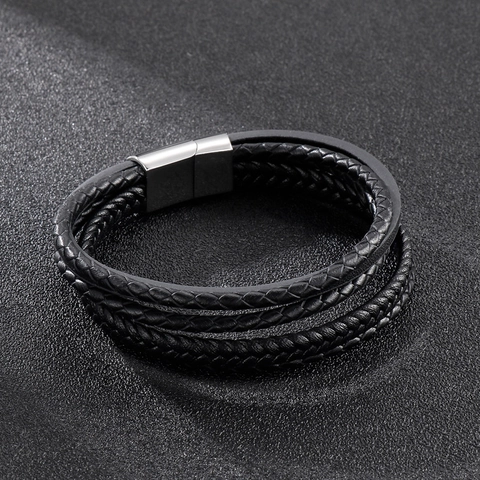 Bracciale Da Uomo Multistrato In Pelle Intrecciata Con Chiusura Magnetica In Acciaio Inossidabile Stile Punk Di Moda