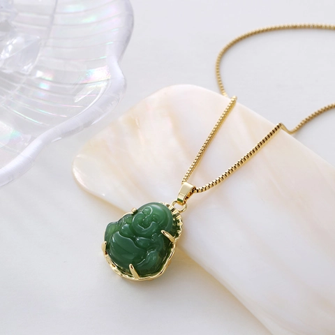 Collier Pendentif Bouddha Maitreya Vert Émeraude en Cuivre Plaqué Or Vintage Bijoux Rétro de Style Chinois pour Femme