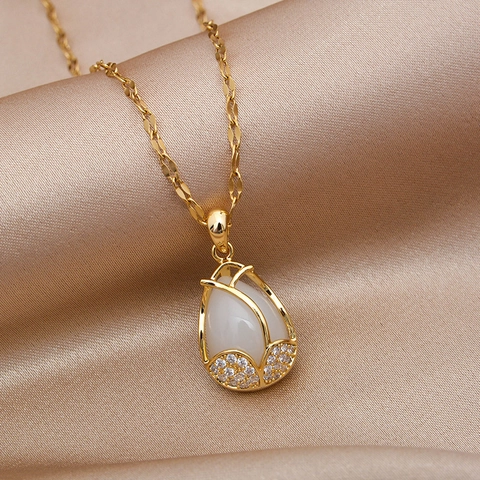 Elegant Tulip Flower Pendant Necklace White Cat's Eye Stone Gold Color Copper Zircon Jewelry For Women