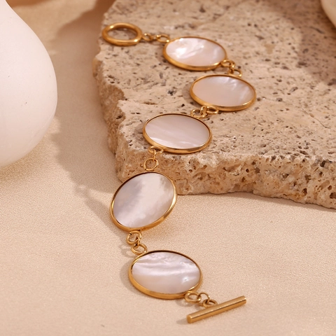 Pulsera Redonda de Acero Inoxidable 316L con Perlas Artificiales para Mujer Chapado en Oro 18K Cierre de Palanca Joyería