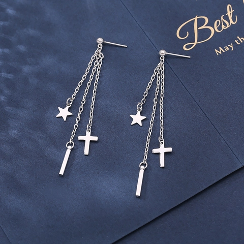 Long Tassel Drop Earrings Silver Color Copper With Star Cross And Bar Pendants Korean Style For Women Fashion Jewelry