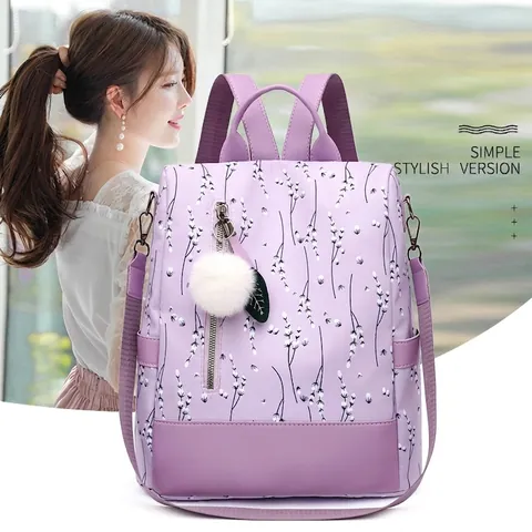 Zaino Antifurto Con Stampa Floreale Da Donna Tessuto Oxford Idrorepellente Borsa Da Viaggio Casual Con Ciondolo Pompon