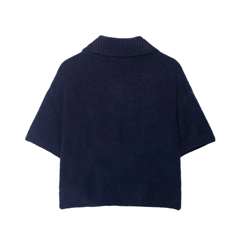 Cardigan In Maglia A Maniche Corte Da Donna Colletto Polo Bottoni Tasche A Contrasto Blu Navy Casual Streetwear
