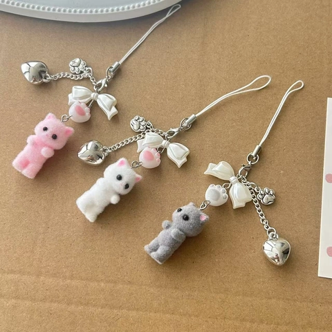 Ciondolo per Telefono Gattino Floccato Kawaii Con Fiocco Cuore Zampa di Gatto Creativa Catena per Telefono per Borsa Auto Macchina