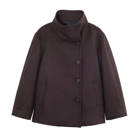 Abrigo De Lana Para Mujer Chaqueta De Cuello Alto Botonadura Sencilla Color Sólido Casual Corto Moda Otoño Invierno