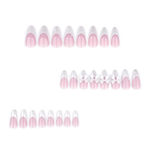 French Tip Press On Nails Long Almond False Nails With 3D White Bow And Artificial Pearl Decor Sweet Elegant Manicure