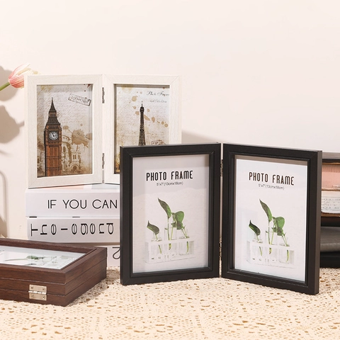 Cadre Photo Pliable Table Combiné Cadre Photo MDF Grain De Bois Charnière Affichage De Bureau Style Vintage
