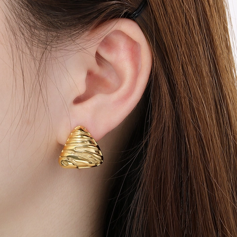 Pendientes De Botón Triangulares Irregulares Vintage Acero Inoxidable Textura De Ondas En Relieve Joyería Geométrica Mujer