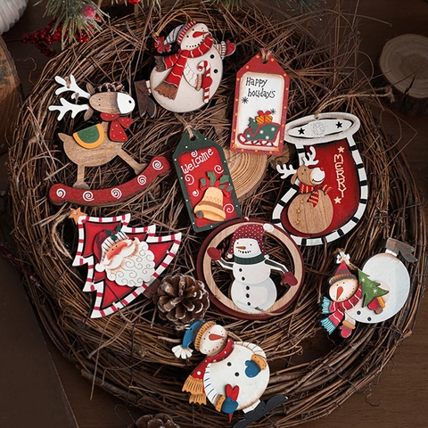 Christmas Hanging Ornaments Painted Wood Rustic Snowman Santa Reindeer Angel Decorations Holiday Tree Pendant Jute Rope