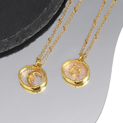 Celestial Pendant Necklace Gold Plated Alloy Resin With Glitter Heart Star Moon Charms Fashion Jewelry For Women