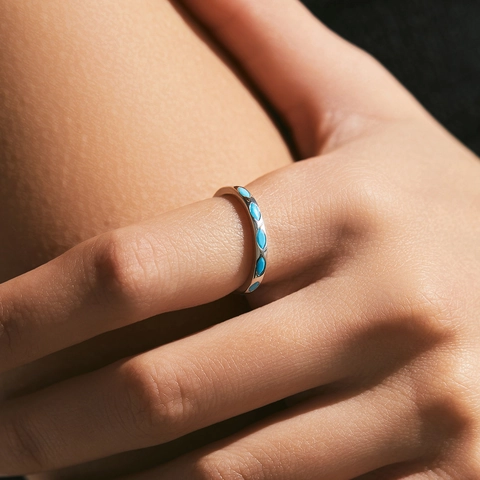 925 Sterling Silver Ring With Marquise Synthetic Turquoise Inlaid Vintage French Style Minimalist Jewelry For Women