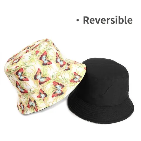 Cappello Alla Pescatora Reversibile Stampa Farfalla Cotone Poliestere Protezione Solare Traspirante Estate Donne